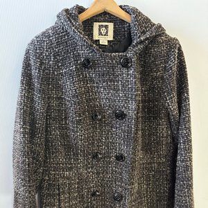 AK ANNE Klein Women’s Wool Blend Brown/Black Pea Hooded Pea Coat Large